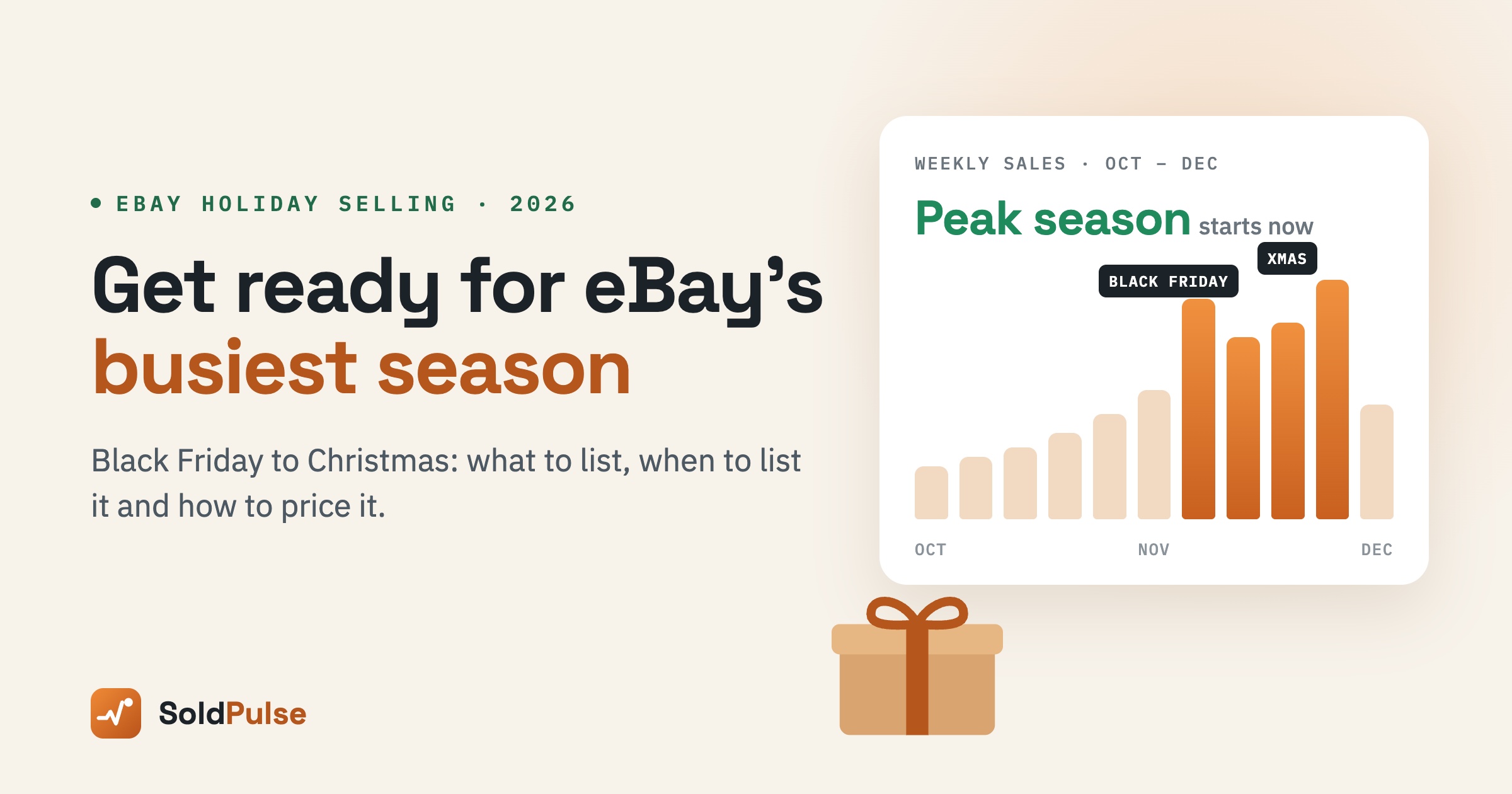 eBay holiday selling: weekly sales rising from October to a Black Friday and Christmas peak, beside a wrapped gift